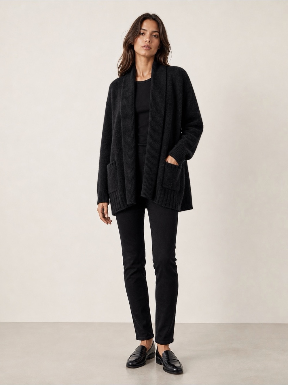 Repeat Black Open Front Cardigan- Silver Edition